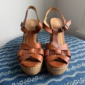 Anthropologie Tan Leather Platform Sandals
